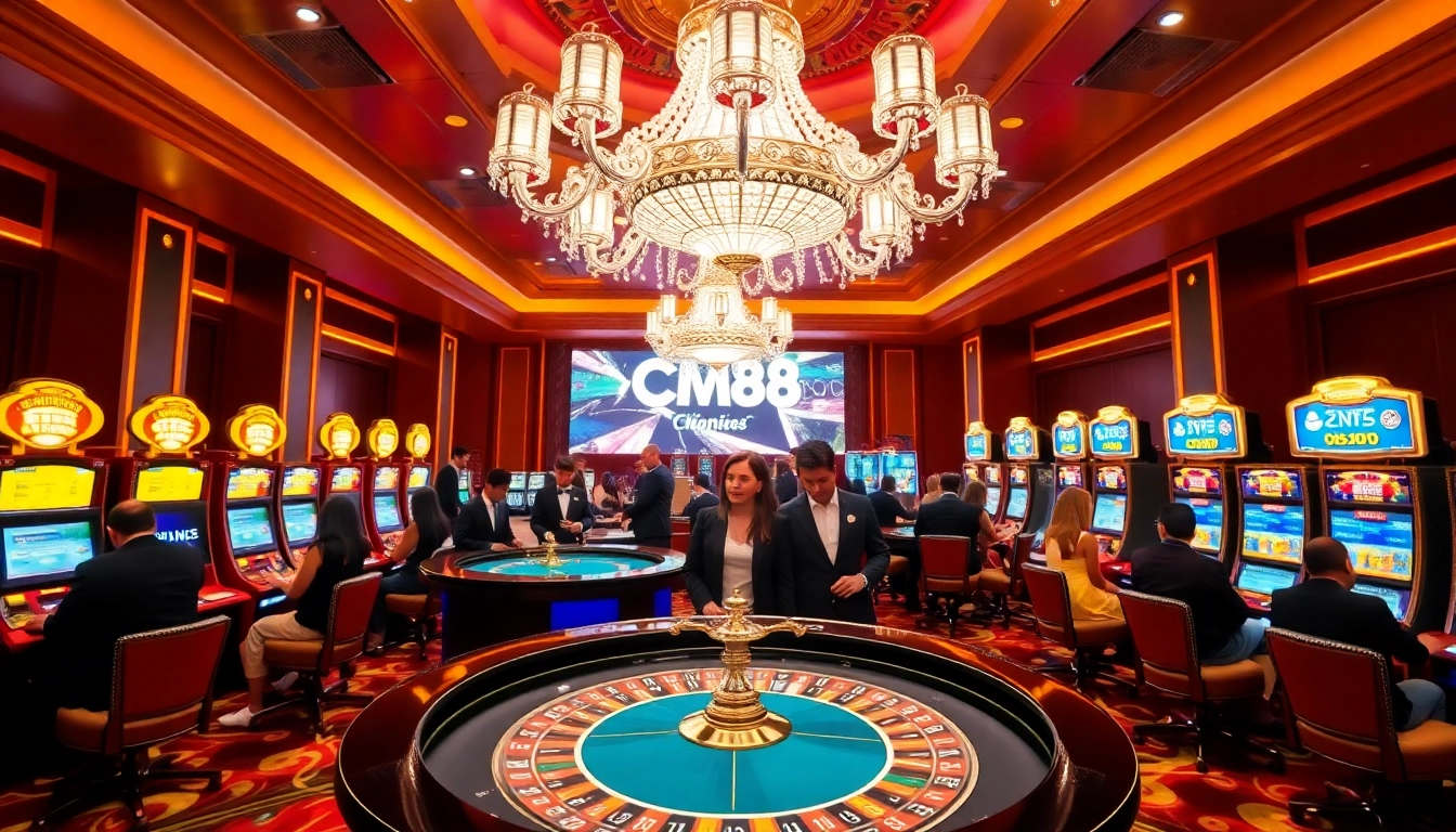 Experience the excitement of cm88 in a luxurious casino setting with roulette and slot machines.