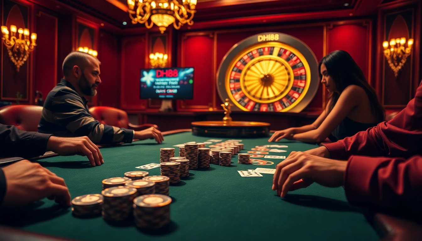 Experience thrilling gambling with dh88 poker chips and cards at an elegant casino table.
