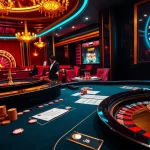 Experience high-stakes gambling with J8-themed poker chips and vibrant casino atmosphere.