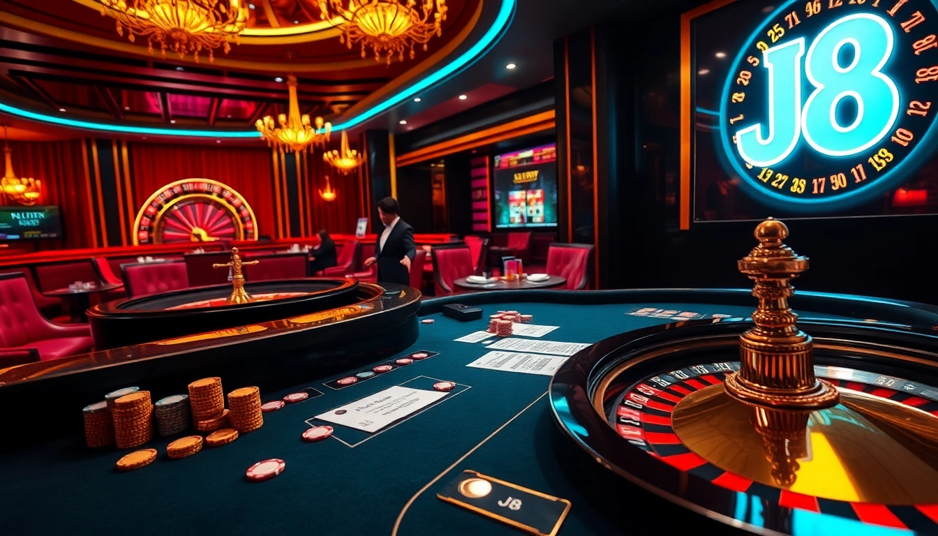 Experience high-stakes gambling with J8-themed poker chips and vibrant casino atmosphere.