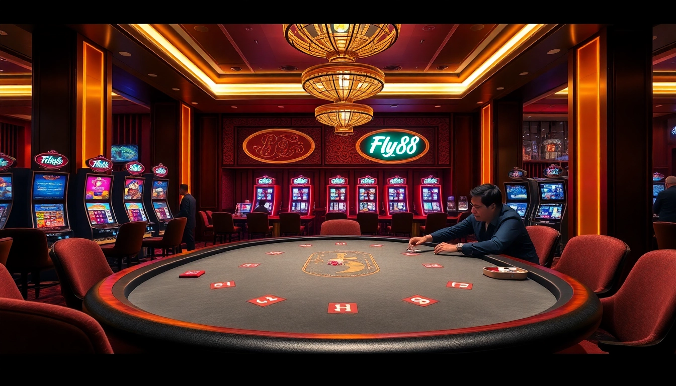 Experience the thrill of Fly88 in a high-stakes poker game at an elegant casino.