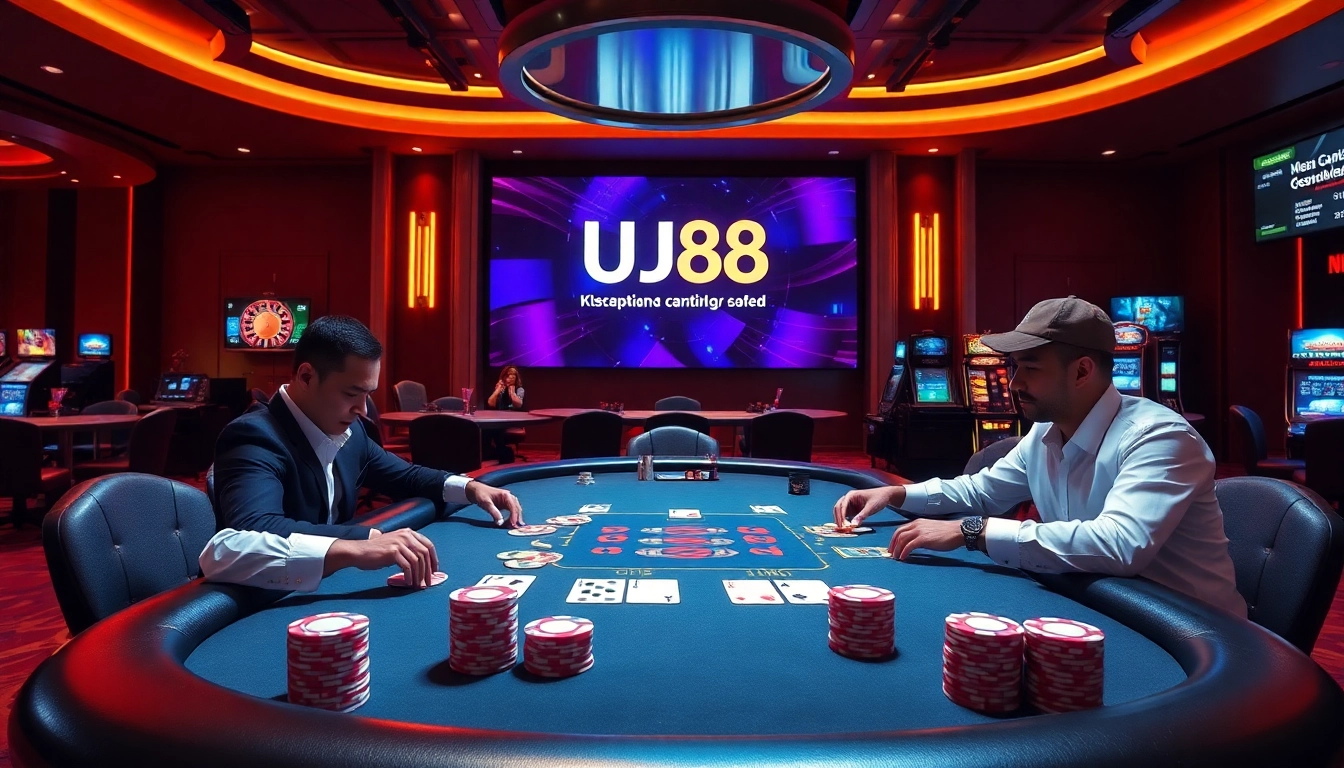 Experience high-stakes gaming at UU88 with professional players at a stylish casino table.