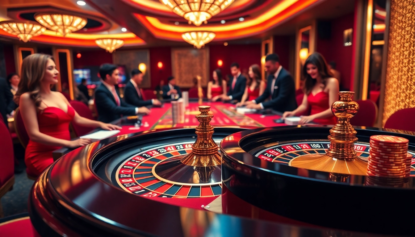 Players enjoying a thrilling game at the LUCK8 casino roulette table with vibrant colors.
