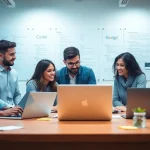 Engaged team providing web development services in a modern office, showcasing collaboration.