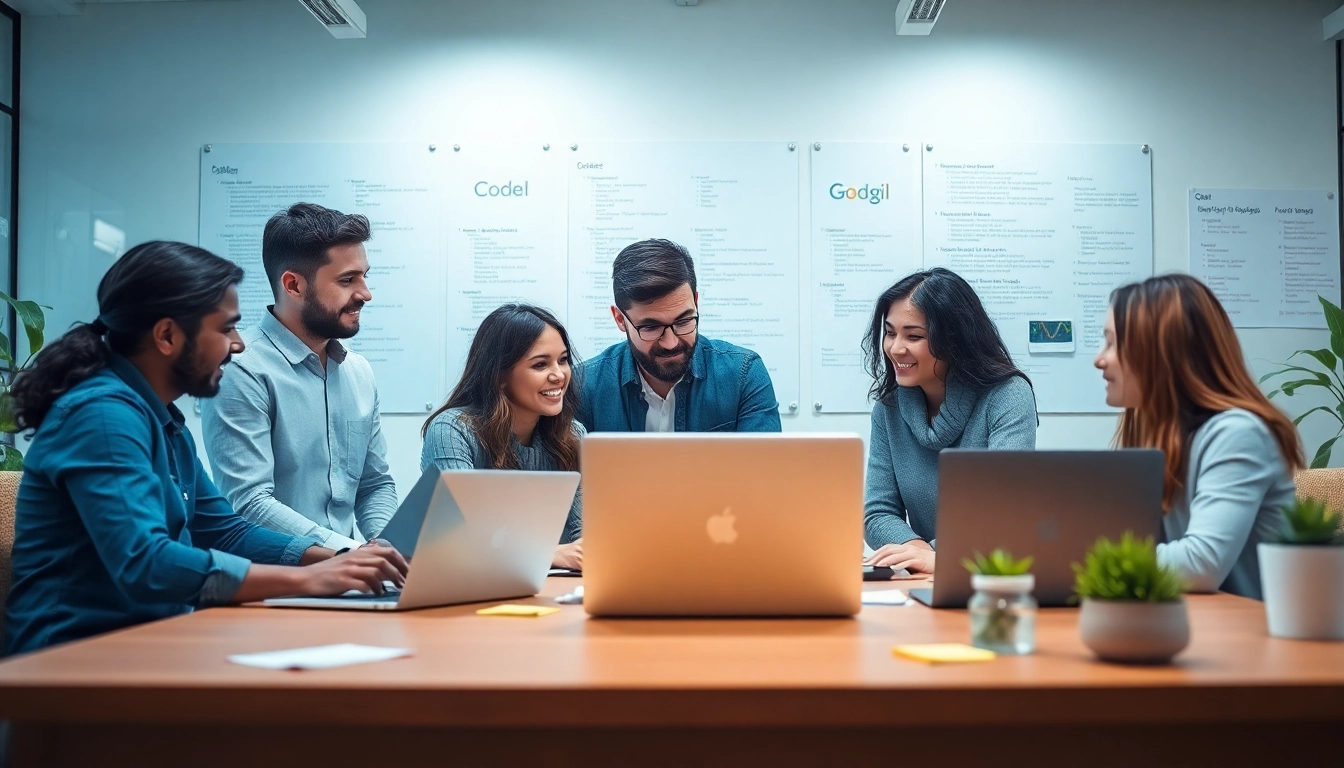 Engaged team providing web development services in a modern office, showcasing collaboration.