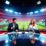 Engaging sports broadcasting scene with anchors and vibrant stadium backdrop.