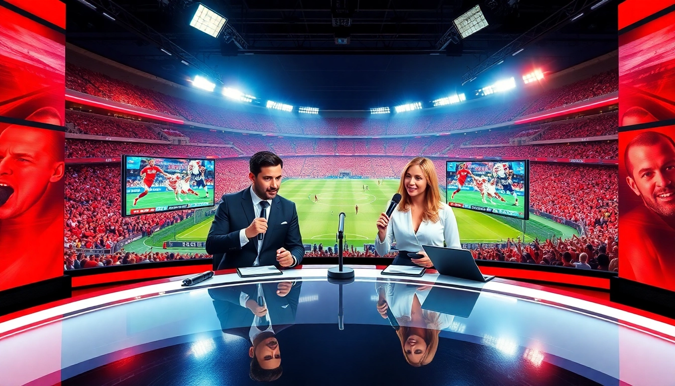 Engaging sports broadcasting scene with anchors and vibrant stadium backdrop.