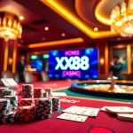 Intense poker action at the casino with XX88 branding on display, showcasing excitement.