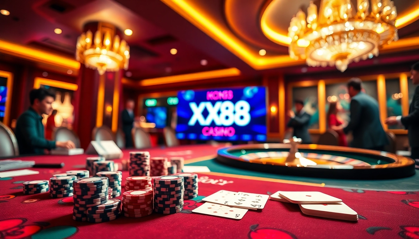 Intense poker action at the casino with XX88 branding on display, showcasing excitement.