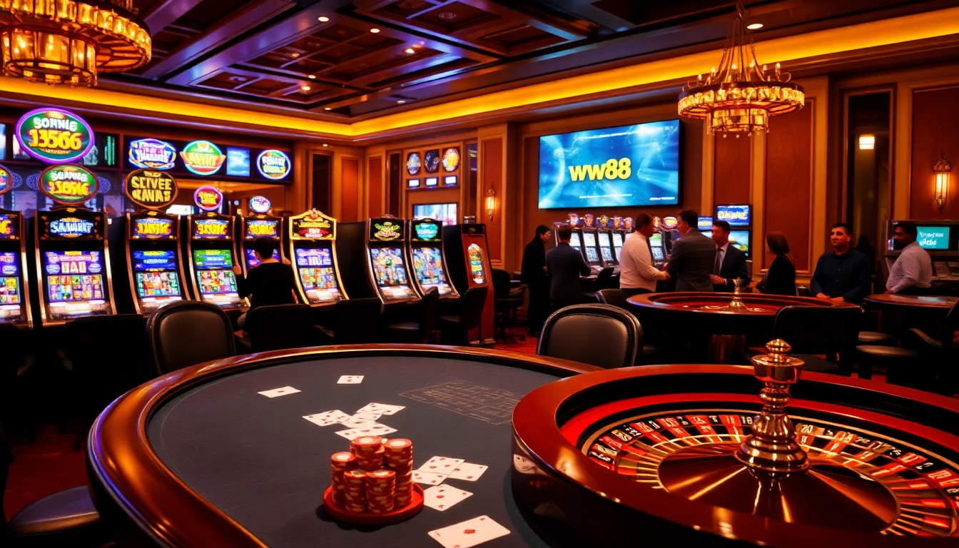 The excitement of online gambling at https://ww88.review/ with a luxurious casino setting featuring poker, roulette, and slot machines.