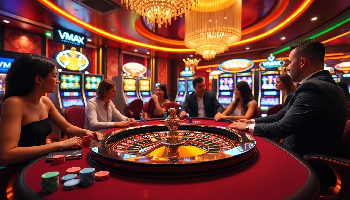 VMAX players engaging in thrilling casino games around a vibrant roulette wheel.