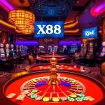 Experience the casino excitement with Link X88 featuring vibrant slot machines and card tables.