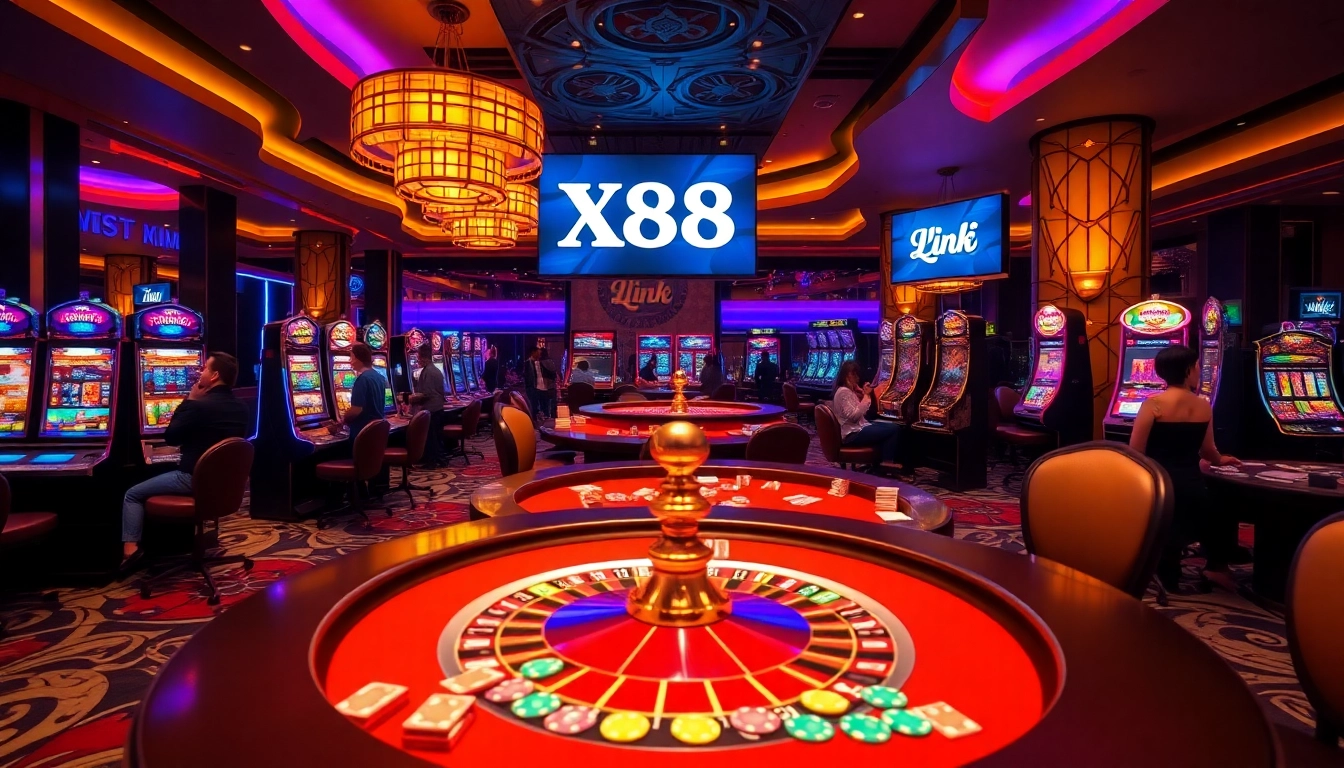 Experience the casino excitement with Link X88 featuring vibrant slot machines and card tables.