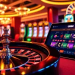 Experience the excitement of U888 with a vibrant casino scene featuring roulette wheels and online gaming interfaces.