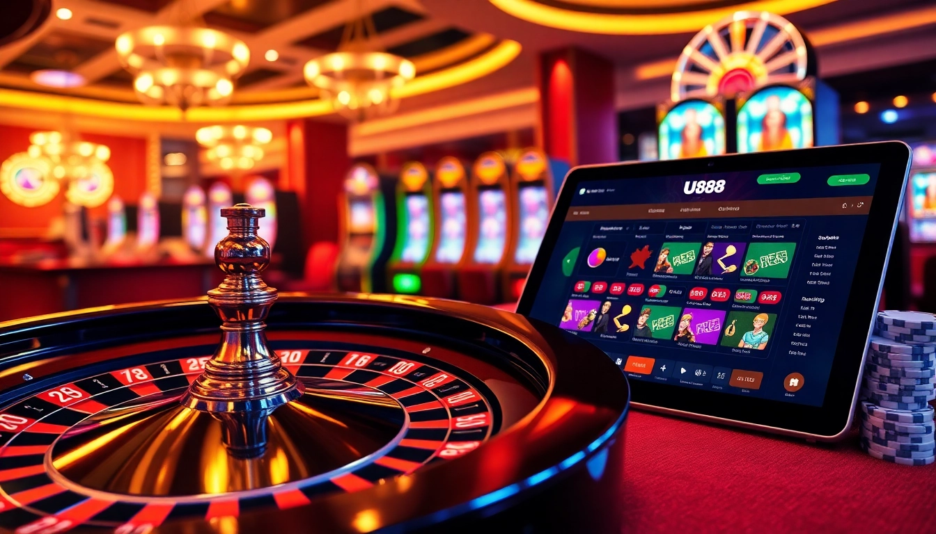 Experience the excitement of U888 with a vibrant casino scene featuring roulette wheels and online gaming interfaces.
