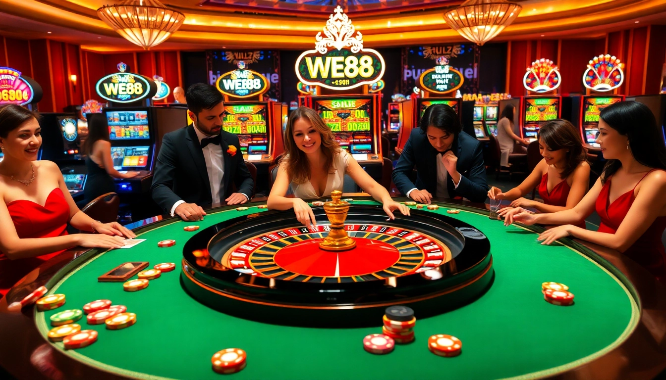 Intense gaming action at WE88 casino with vibrant roulette and poker chips
