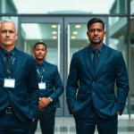 Private security guards near me maintaining vigilance in a corporate setting with a professional demeanor.