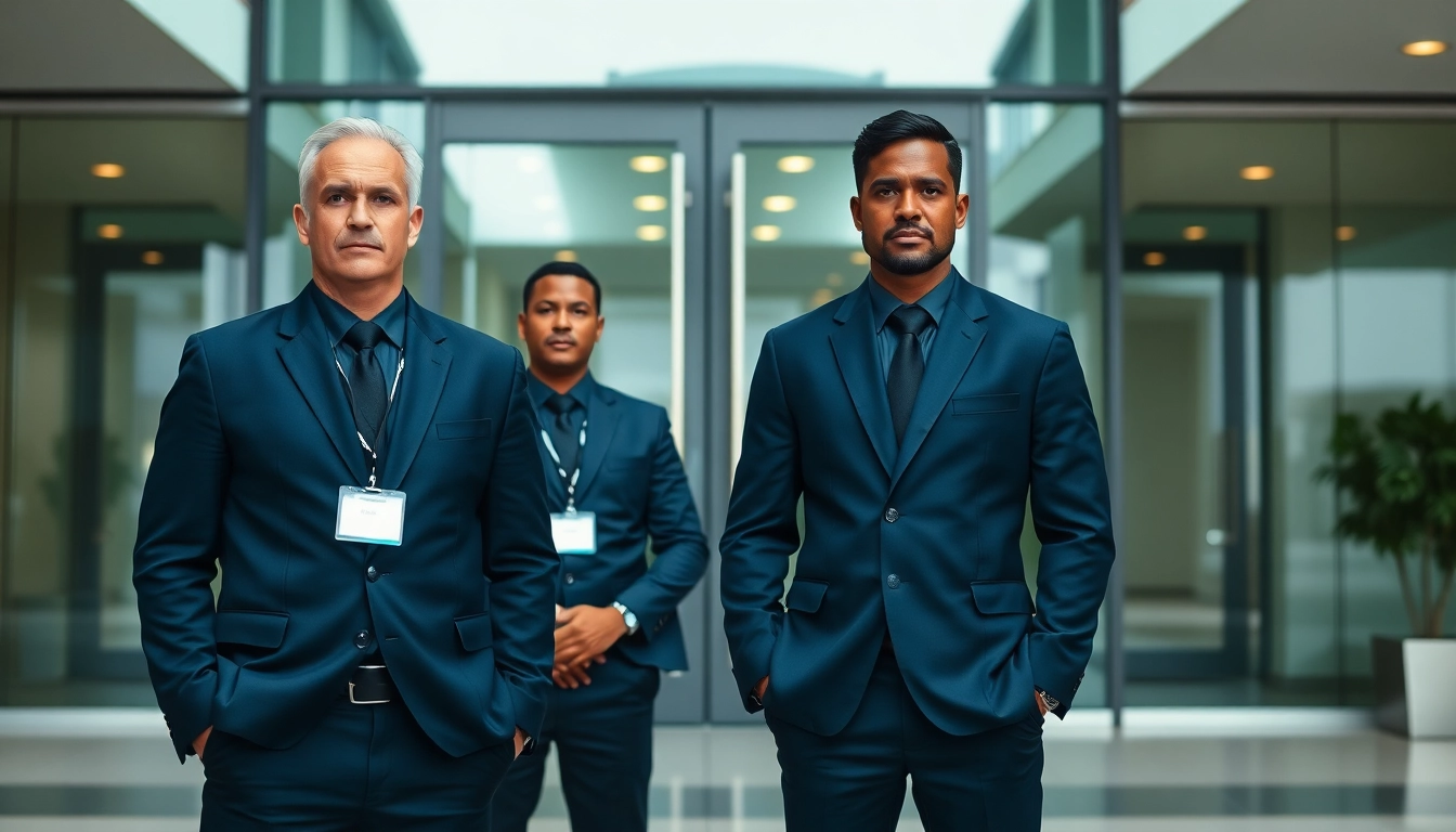Private security guards near me maintaining vigilance in a corporate setting with a professional demeanor.
