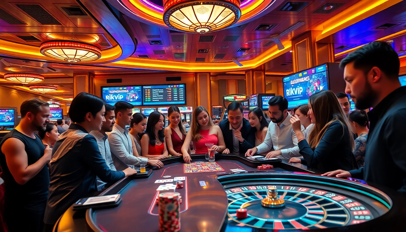 Players enjoying a vibrant RIKVIP gaming experience at a stylish casino table.