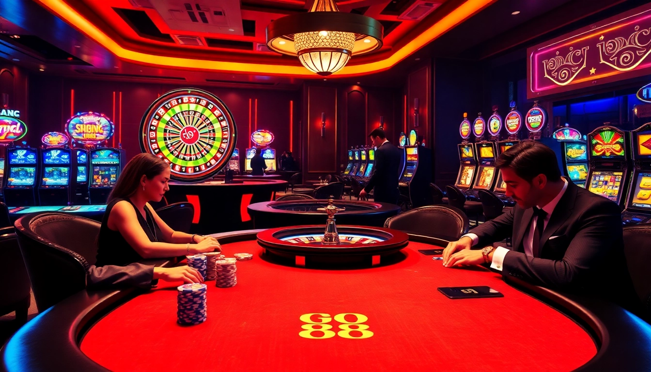Experience the thrill of gambling with go 88 at a luxurious poker table surrounded by vibrant casino ambiance.