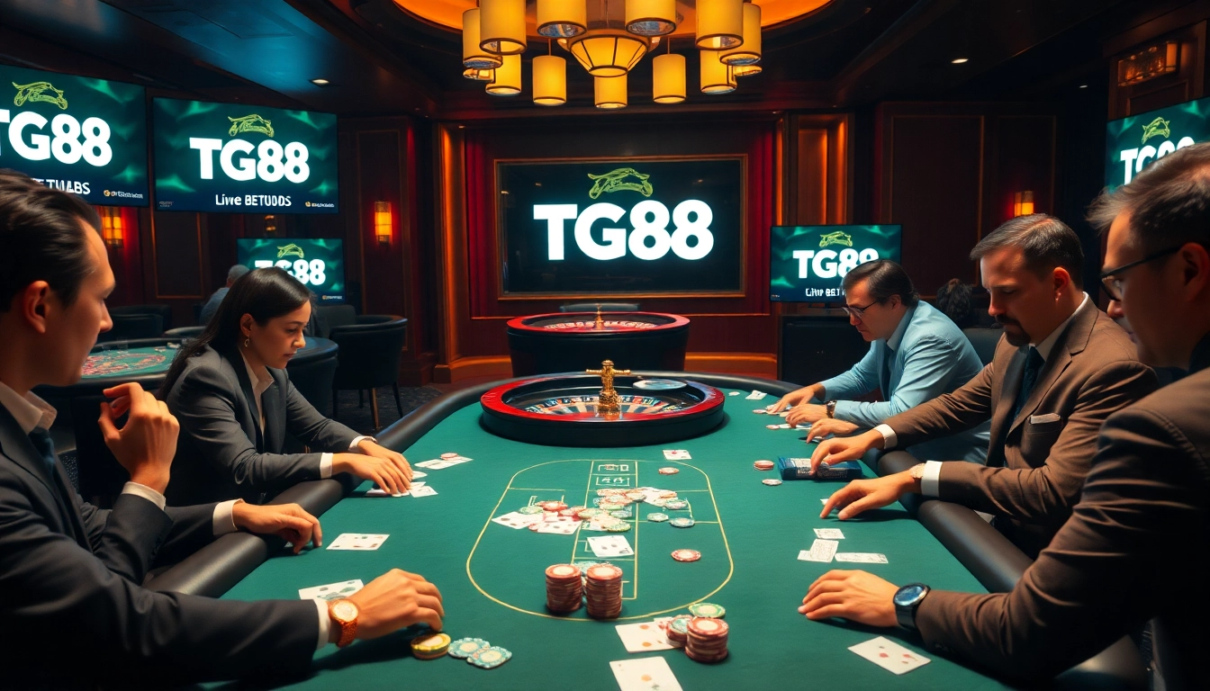 Experience the excitement of TG88 casino with vibrant poker gameplay and animated roulette.