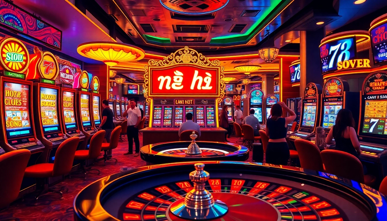 Players celebrate a big win at a nổ hũ slot machine, highlighting casino excitement and luxury.