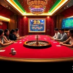 Engage with 23WIN's thrilling casino atmosphere featuring poker chips and a roulette wheel.