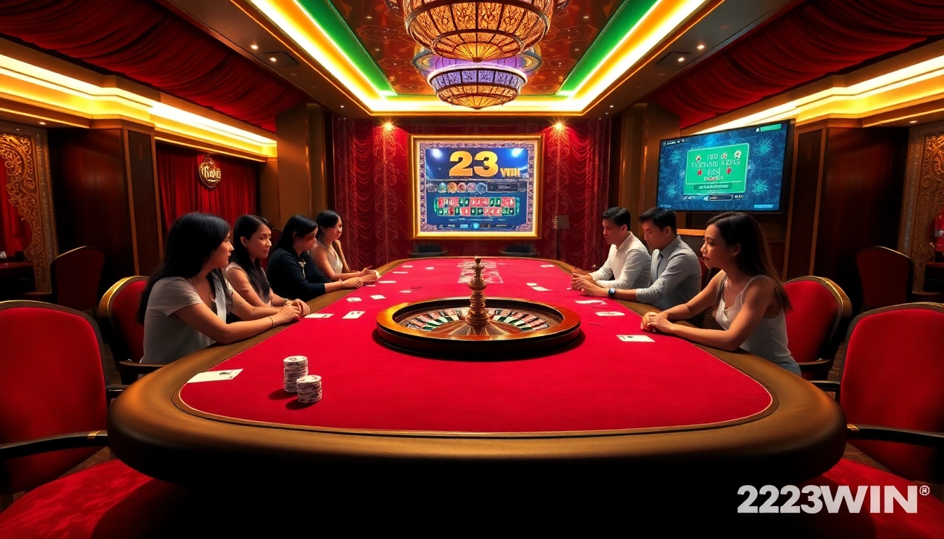 Engage with 23WIN's thrilling casino atmosphere featuring poker chips and a roulette wheel.