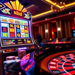 Exciting view of a luxurious slot machine nổ hũ surrounded by poker chips and roulette wheel.
