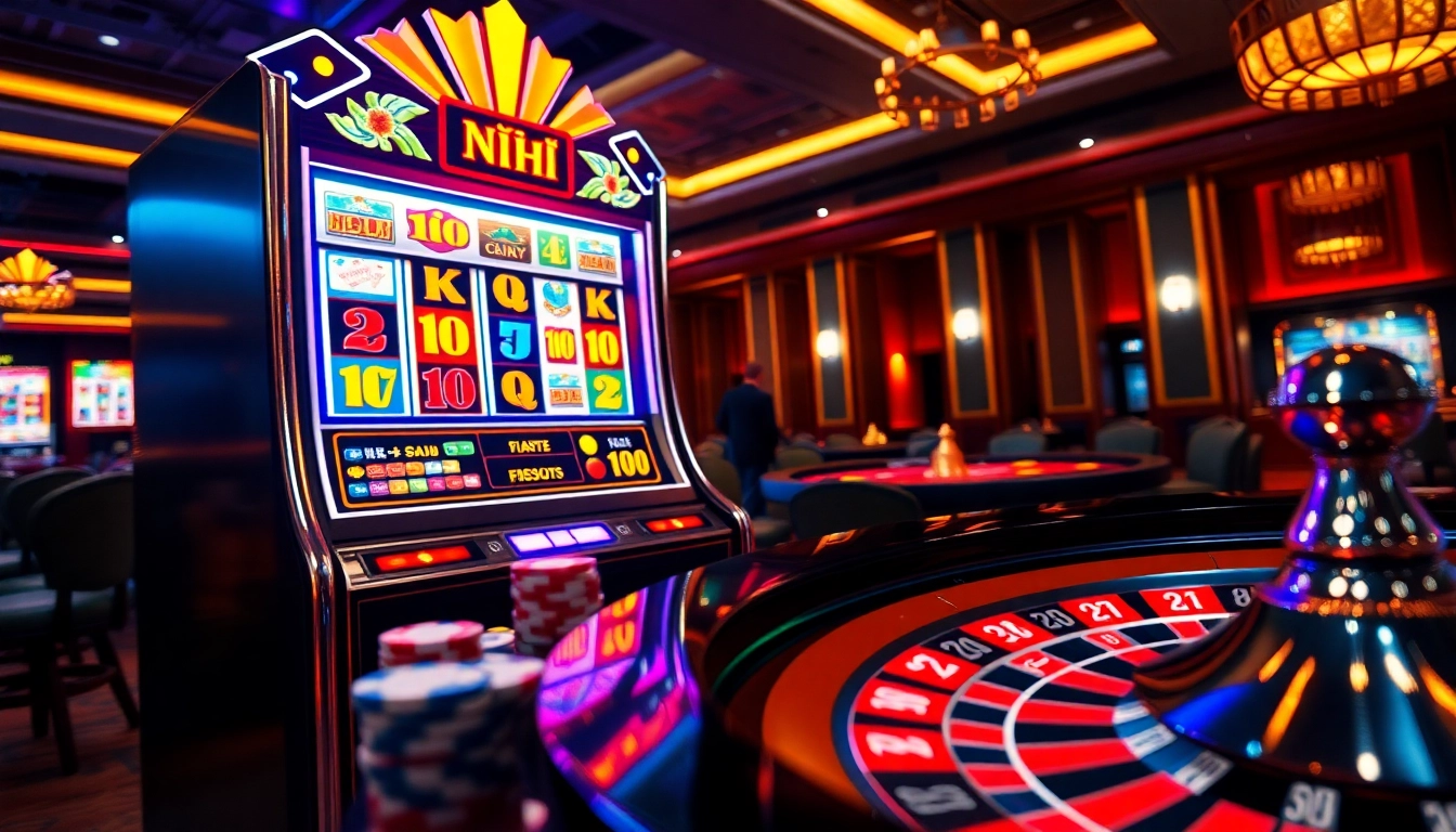 Exciting view of a luxurious slot machine nổ hũ surrounded by poker chips and roulette wheel.