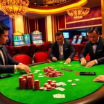 MM88 casino experience showcasing players at a vibrant gaming table with poker chips and cards.