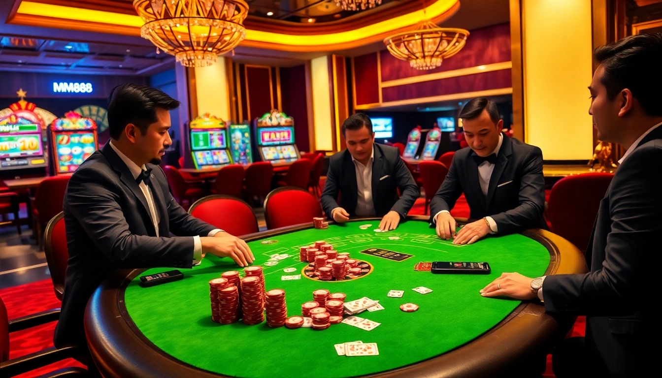 MM88 casino experience showcasing players at a vibrant gaming table with poker chips and cards.