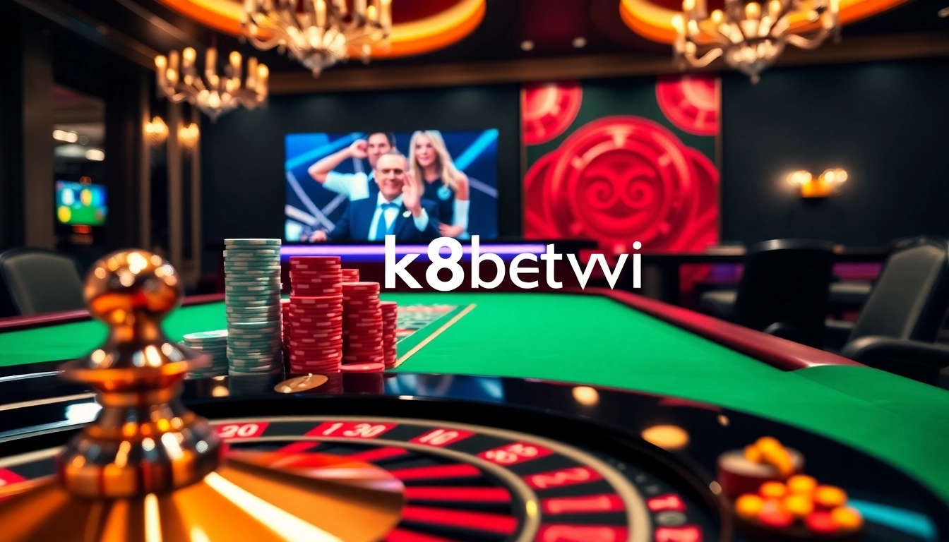 K8BET VN elite gambling experience at a luxurious online casino table featuring poker chips and a roulette wheel.