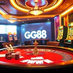 GG88 casino scene showcasing an exciting poker table, roulette wheel, and slot machines.