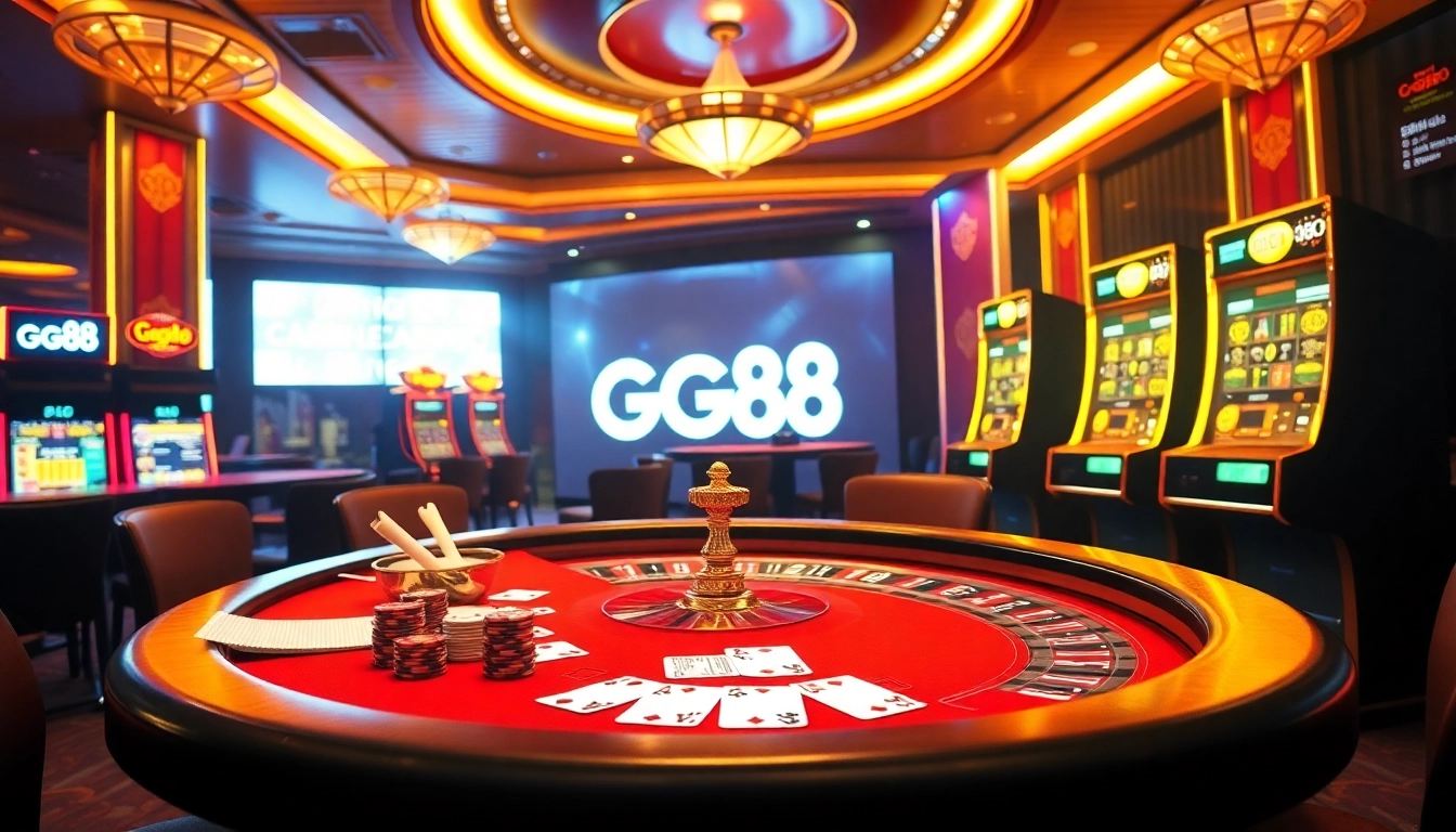 GG88 casino scene showcasing an exciting poker table, roulette wheel, and slot machines.