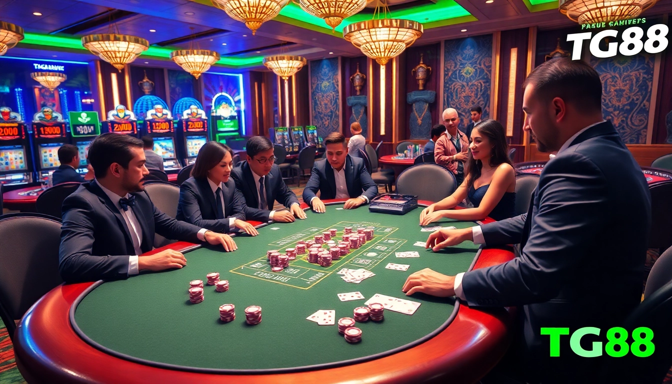 Players enjoying poker at TG88 casino, showcasing excitement and luxury in gambling.