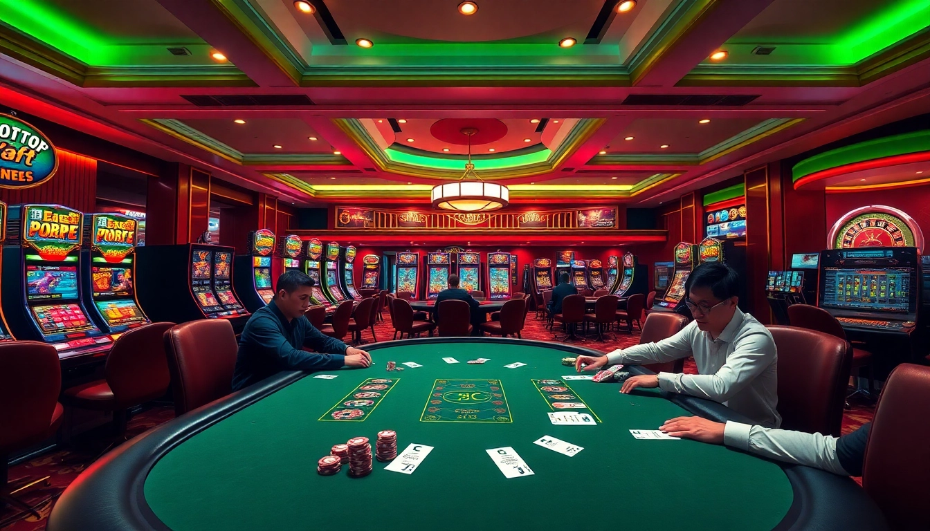 Engaging casino scene featuring 789F with poker players, slots, and roulette.
