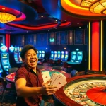 Players enjoying exciting games at mb 88 casino, celebrating wins with vibrant roulette and slot machines.