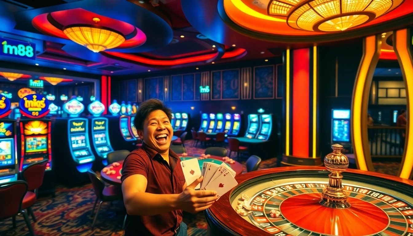 Players enjoying exciting games at mb 88 casino, celebrating wins with vibrant roulette and slot machines.