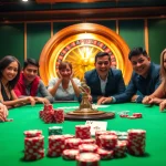 Players engaging in high-stakes poker at an NK88 casino table, showcasing excitement and strategy.