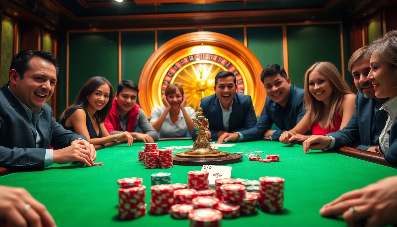 Players engaging in high-stakes poker at an NK88 casino table, showcasing excitement and strategy.