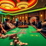 nk88 casino table with vibrant poker chips and cards in an upscale setting