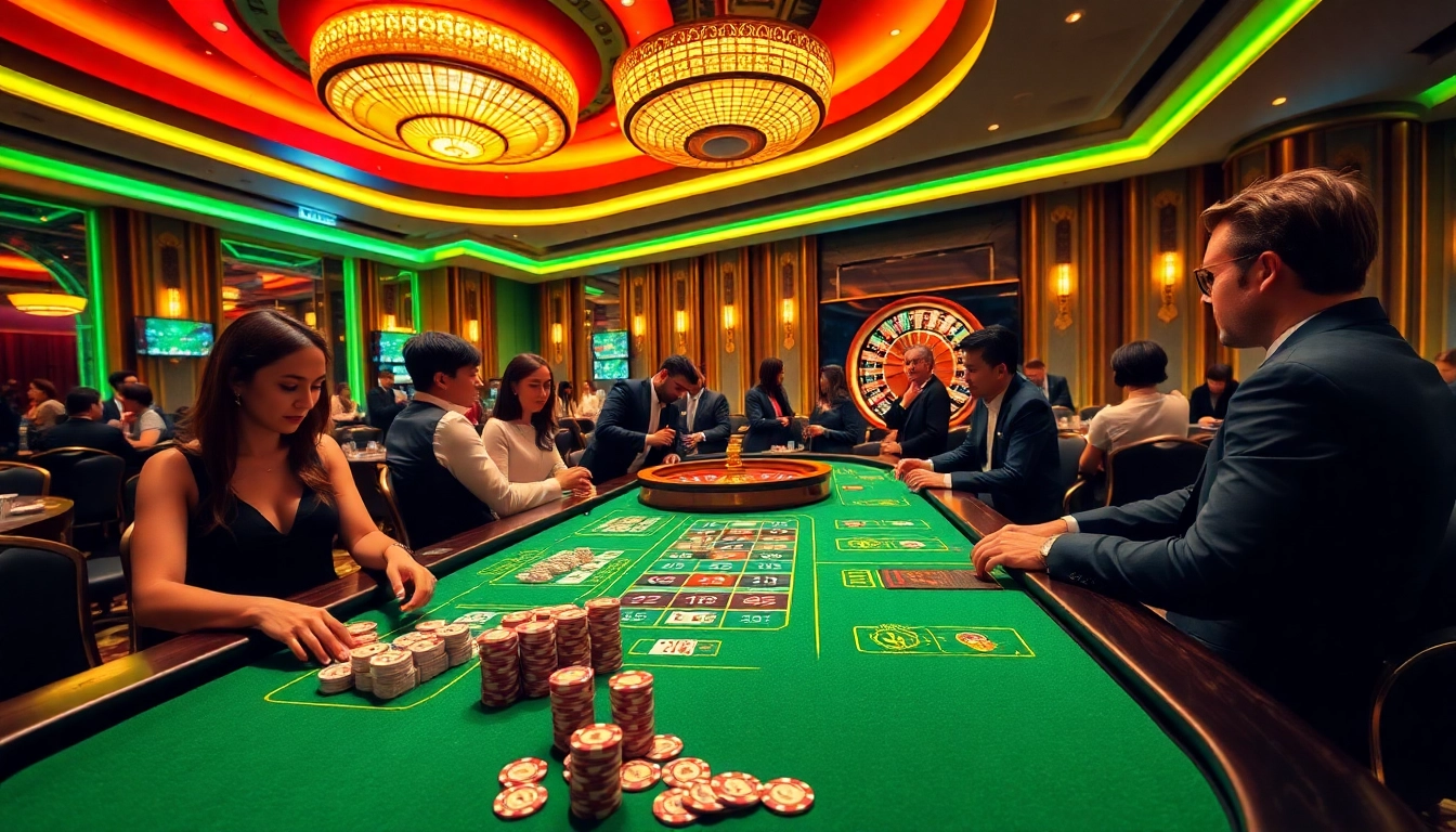 nk88 casino table with vibrant poker chips and cards in an upscale setting