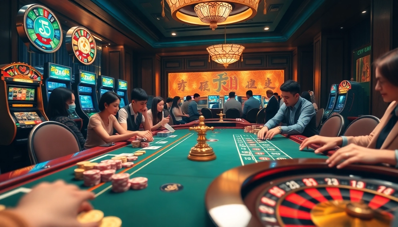 Siu88 players enjoying an exciting game at a vibrant casino table with poker chips and cards.
