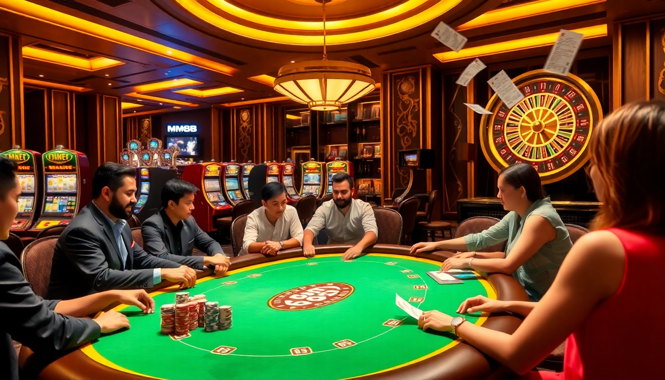 Experience the excitement of MM88 with a vibrant poker game scene featuring colorful chips and a roulette wheel.