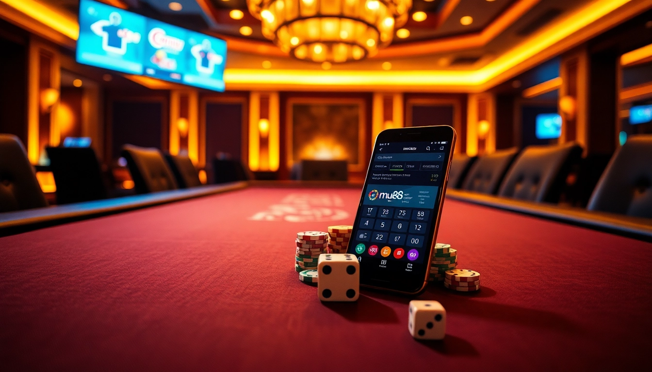 A player engaging with the mu88 app on a smartphone at an upscale casino poker table