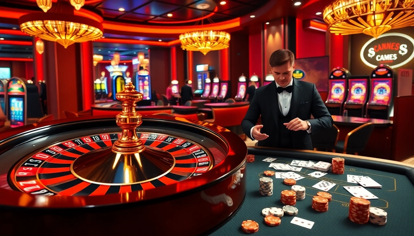 Experience the thrill of sc88 gaming with a luxurious casino atmosphere, featuring roulette wheels and vibrant poker chips.