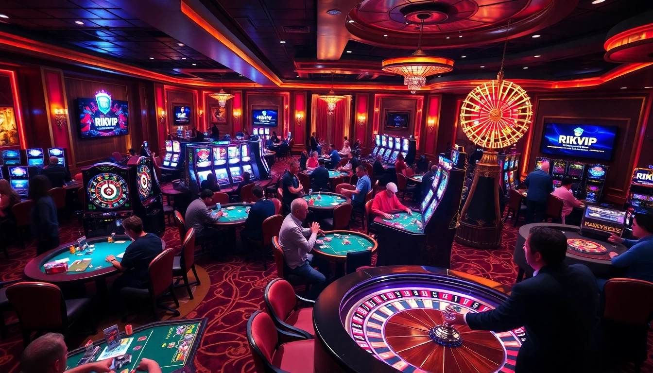 Players enjoying RIKVIP slots and games in a luxurious casino environment.