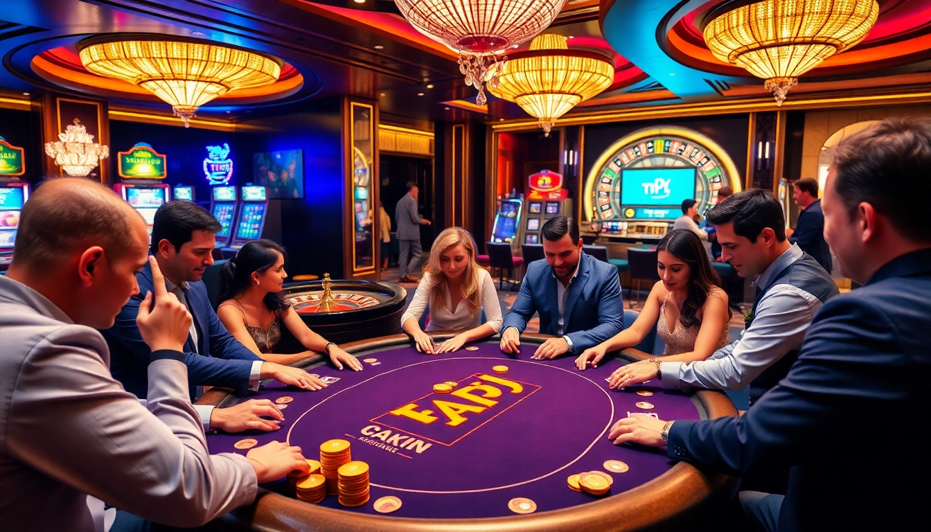 Exciting TPJ poker game with diverse players at a luxurious casino table.