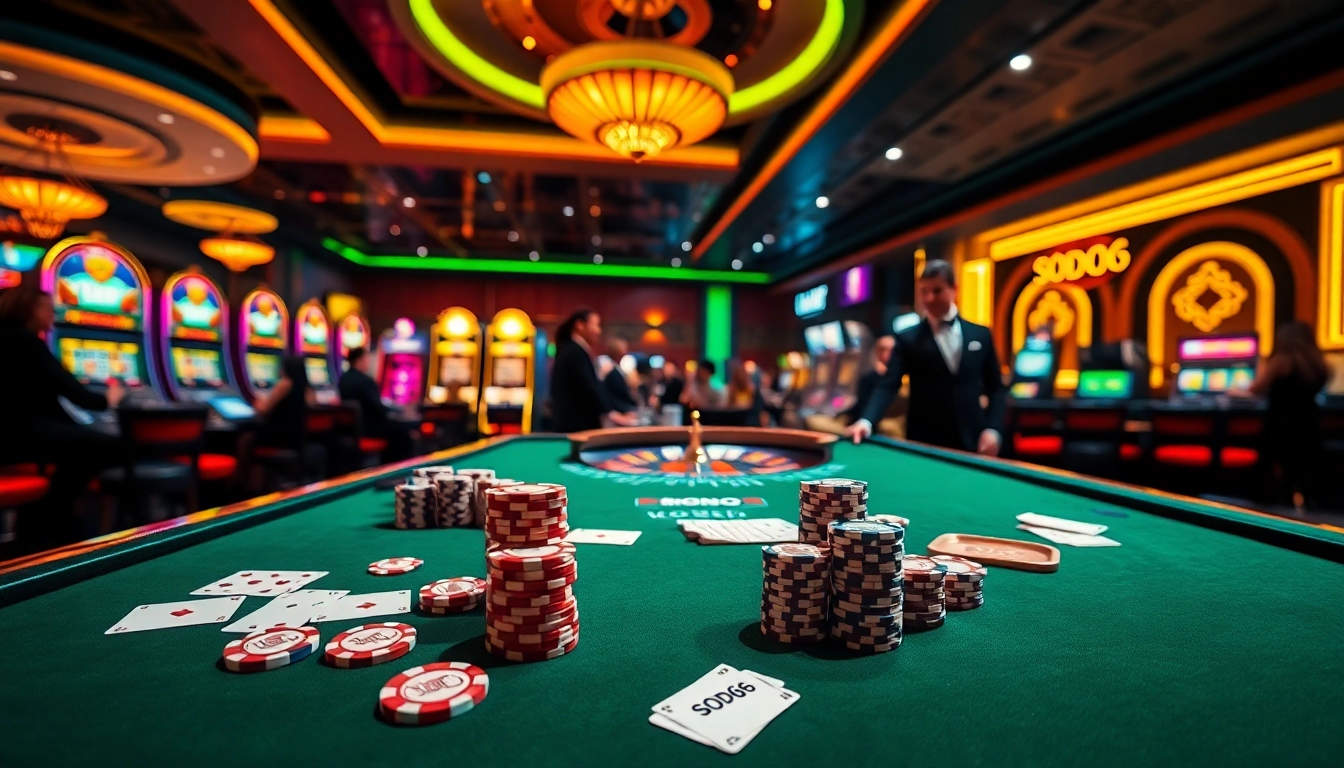 SODO66 casino scene featuring poker chips and vibrant slot machines for engaging gamblers.